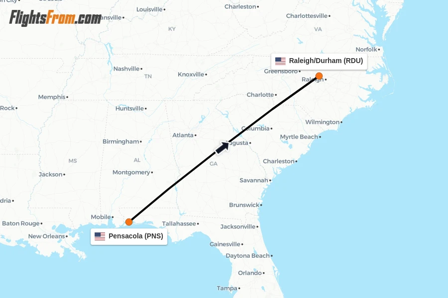 Flights from Pensacola to Raleigh/Durham route map