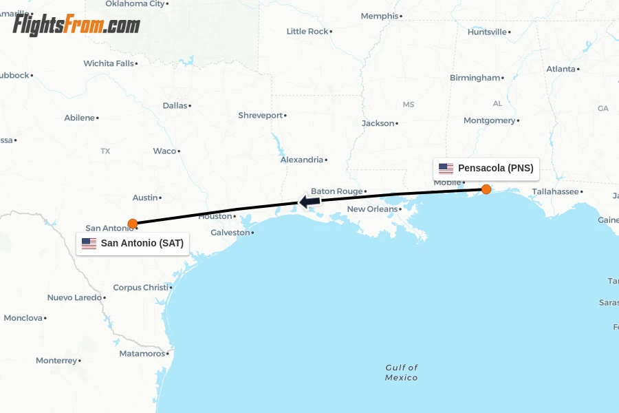Flights from Pensacola to San Antonio route map