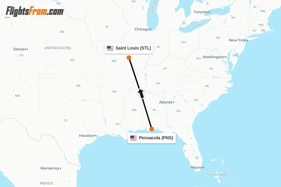 Flights from Pensacola to Saint Louis route map