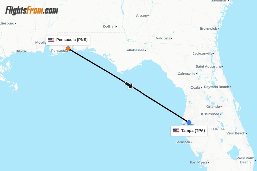 Flights from Pensacola to Tampa route map