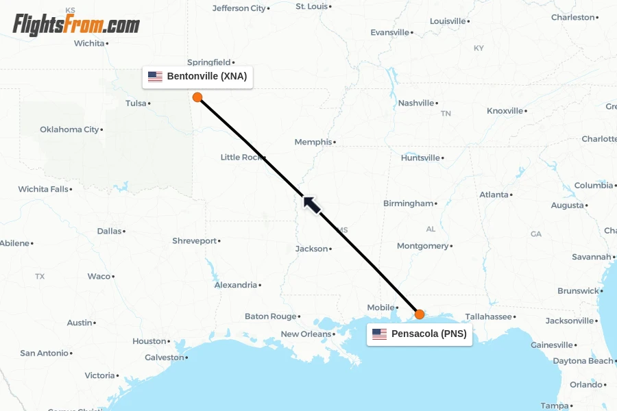 Flights from Pensacola to Bentonville route map