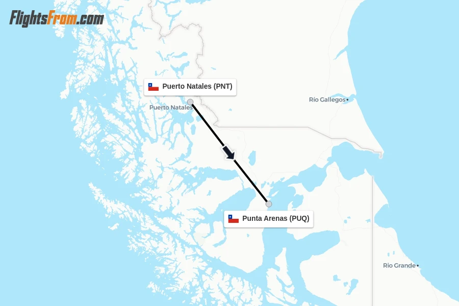 Flights from Puerto Natales to Punta Arenas route map