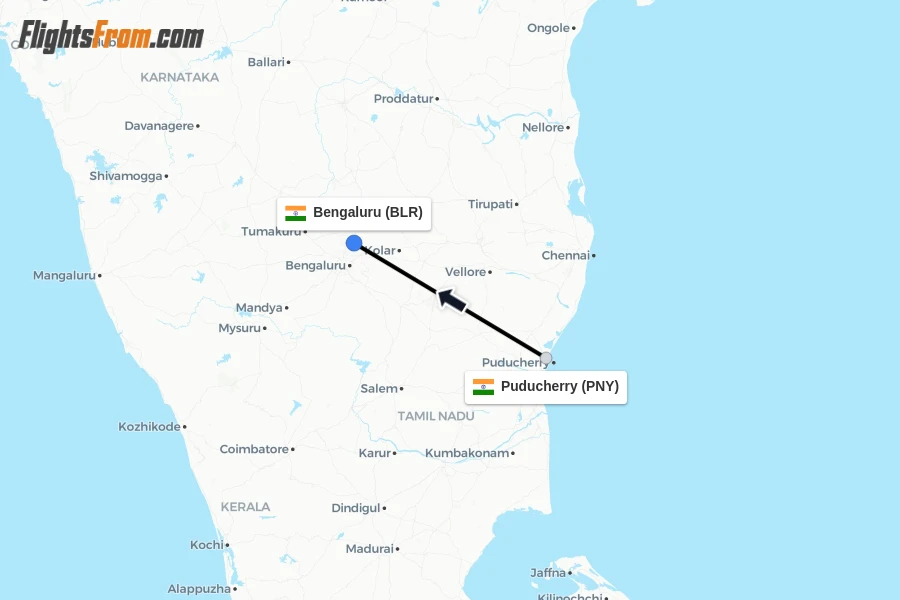 Flights from Puducherry to Bengaluru route map