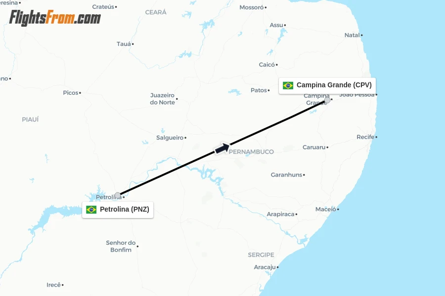 Flights from Petrolina to Campina Grande route map
