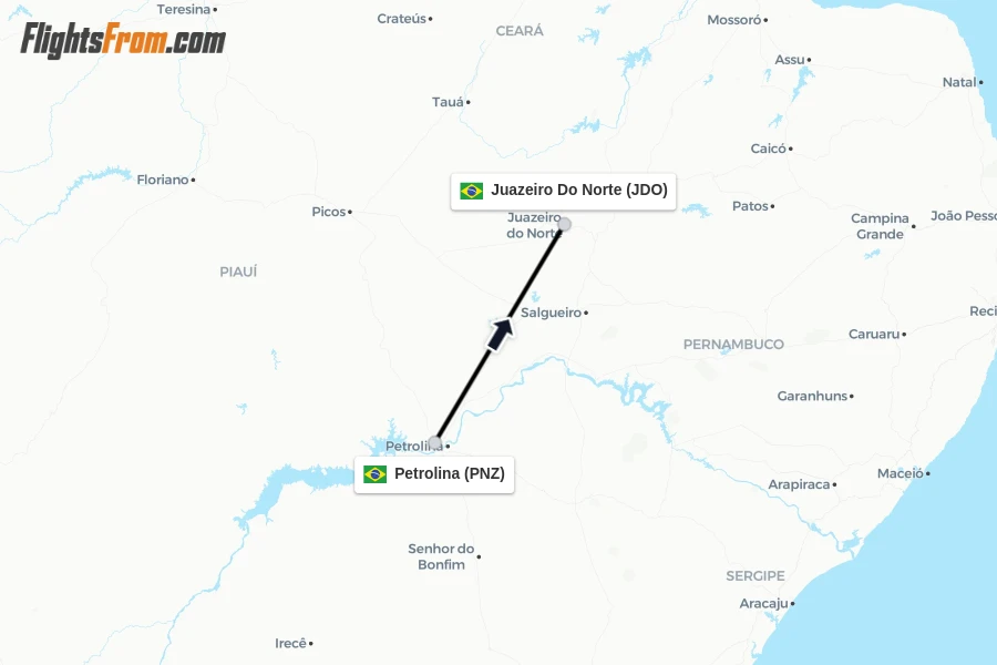 Flights from Petrolina to Juazeiro Do Norte route map