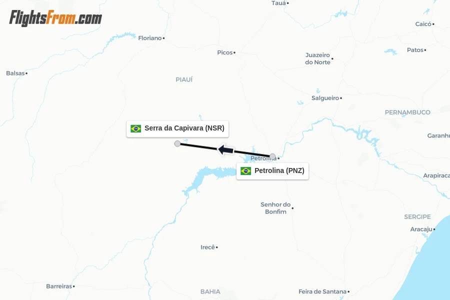 Flights from Petrolina to Serra da Capivara route map