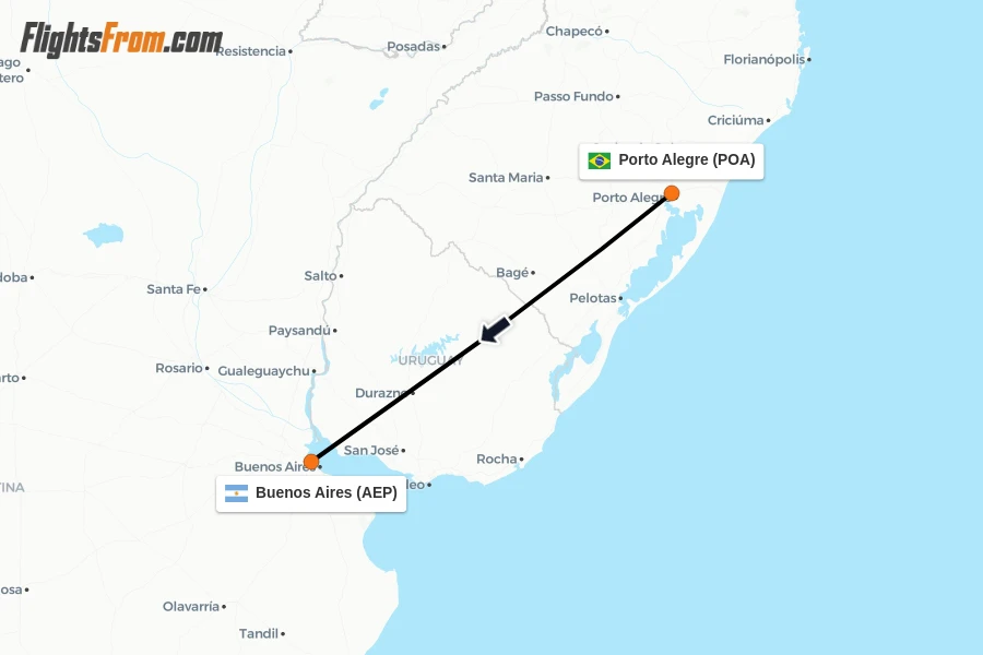 Flights from Porto Alegre to Buenos Aires route map