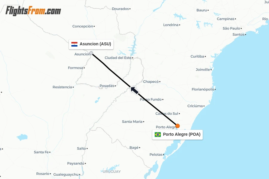 Flights from Porto Alegre to Asuncion route map