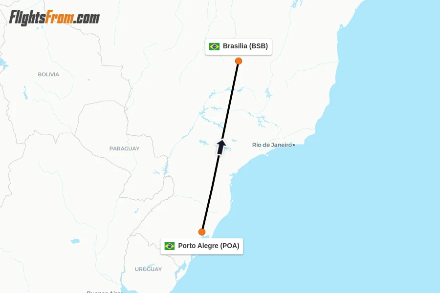 Flights from Porto Alegre to Brasilia route map