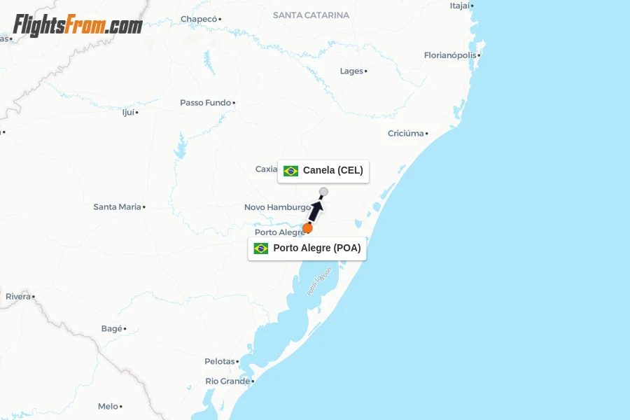 Flights from Porto Alegre to Canela route map