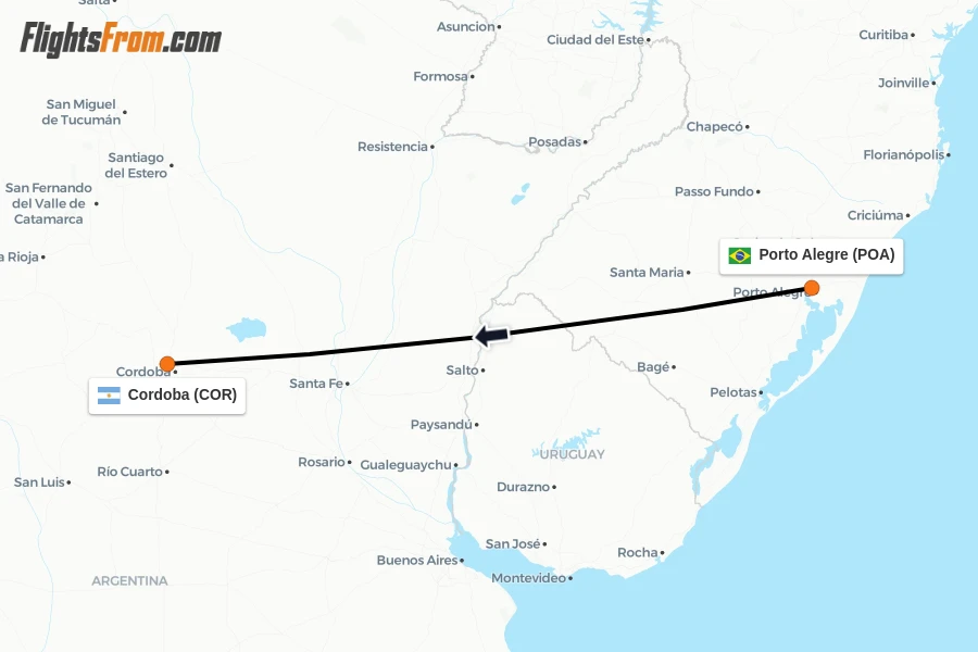 Flights from Porto Alegre to Cordoba route map