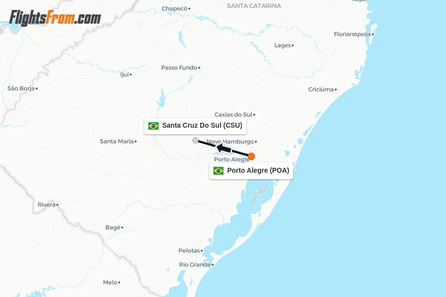 Flights from Porto Alegre to Santa Cruz Do Sul route map
