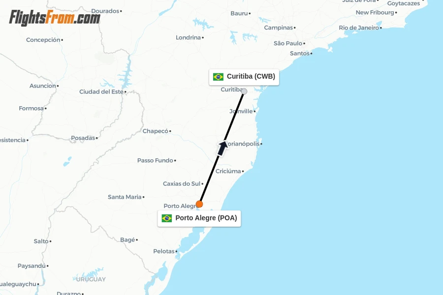 Flights from Porto Alegre to Curitiba route map