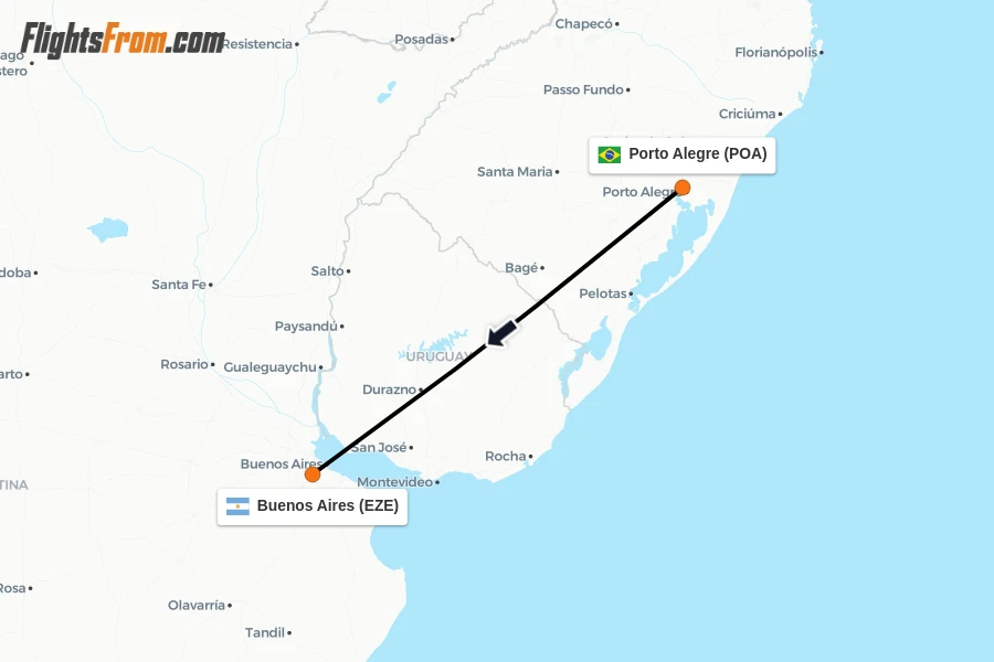Flights from Porto Alegre to Buenos Aires route map