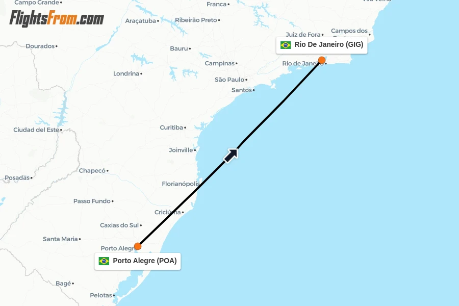 Flights from Porto Alegre to Rio De Janeiro route map
