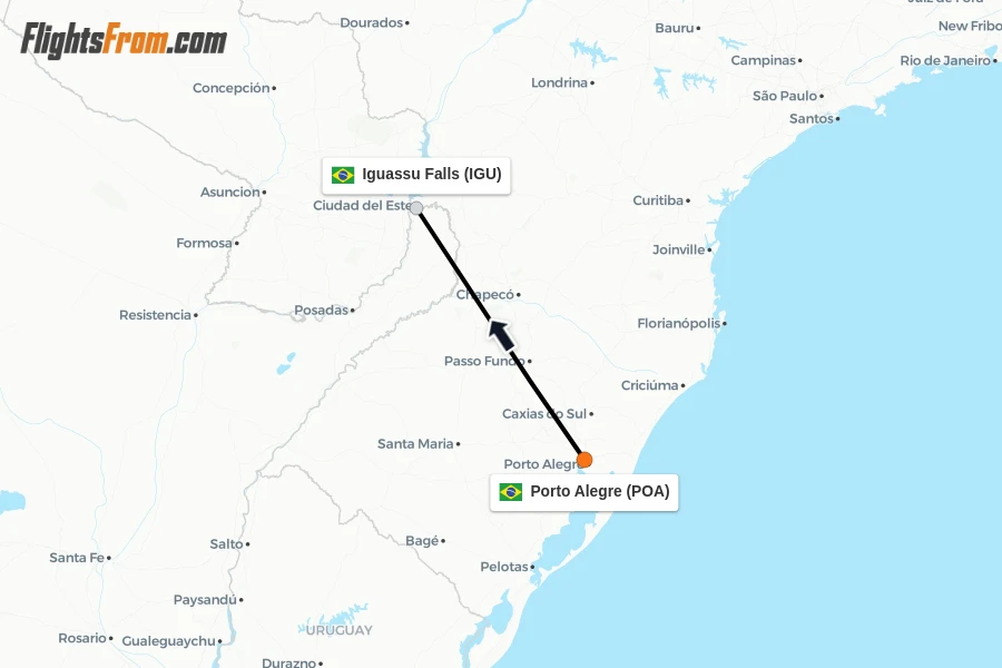 Flights from Porto Alegre to Iguassu Falls route map