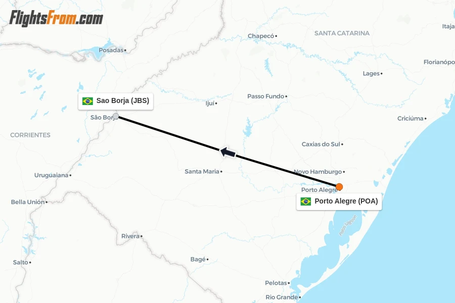 Flights from Porto Alegre to Sao Borja route map