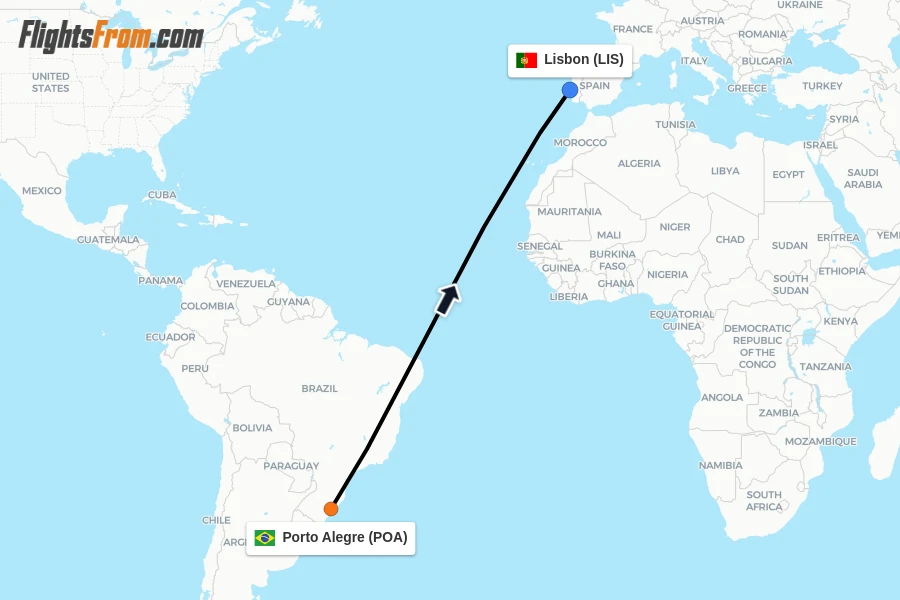 Flights from Porto Alegre to Lisbon route map