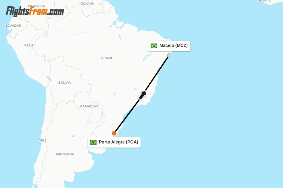 Flights from Porto Alegre to Maceio route map