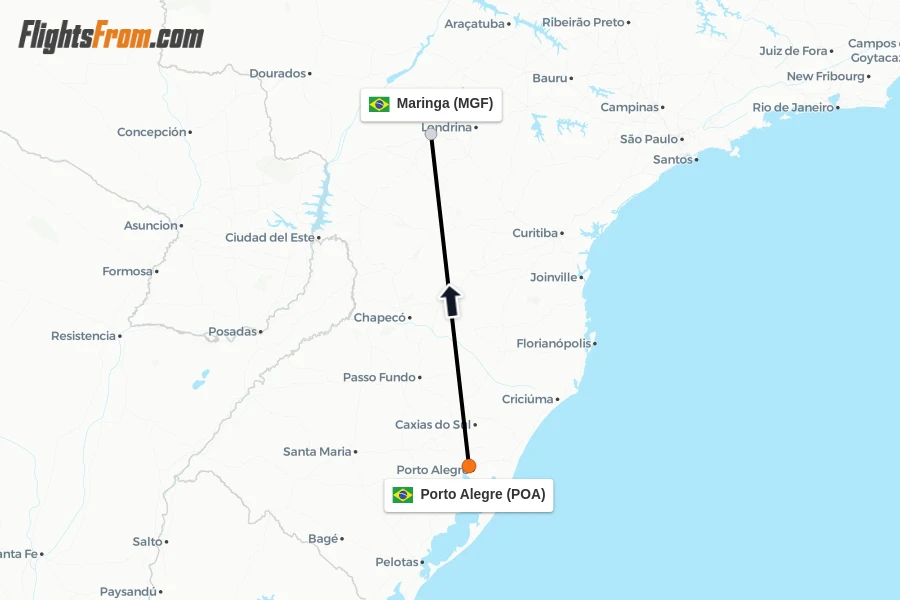 Flights from Porto Alegre to Maringa route map