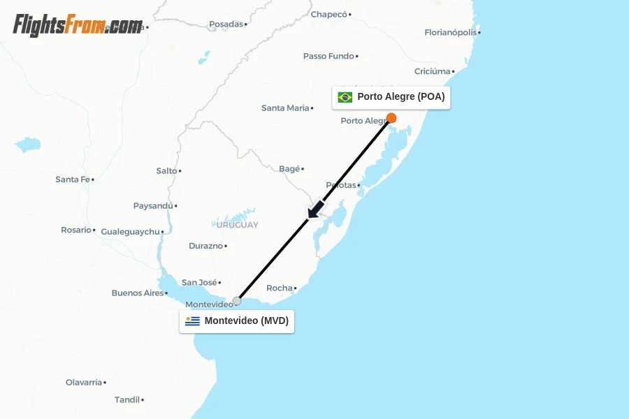 Flights from Porto Alegre to Montevideo route map