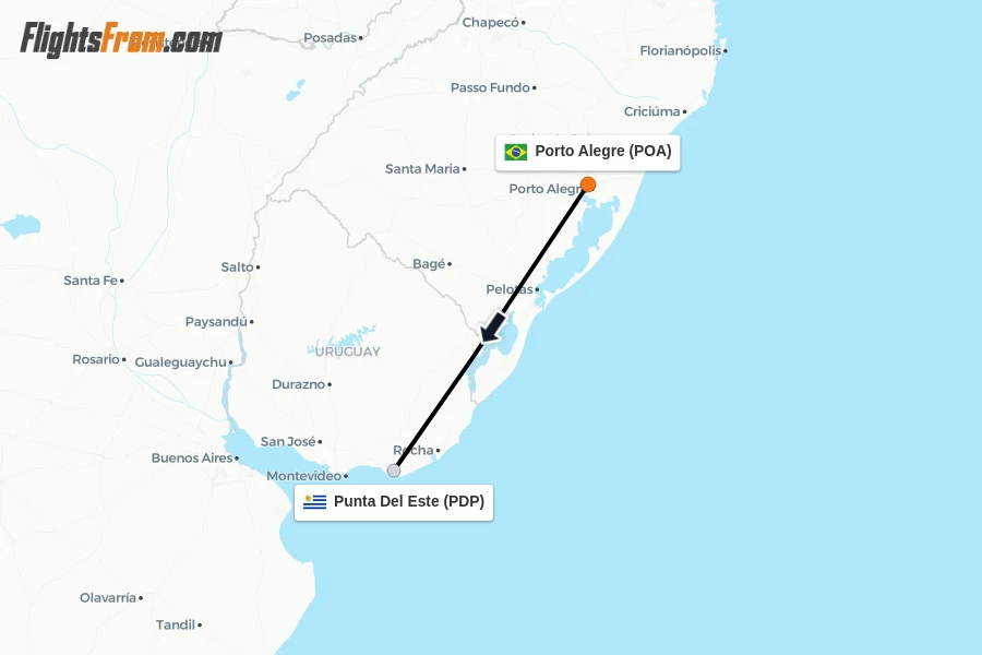 Flights from Porto Alegre to Punta Del Este route map