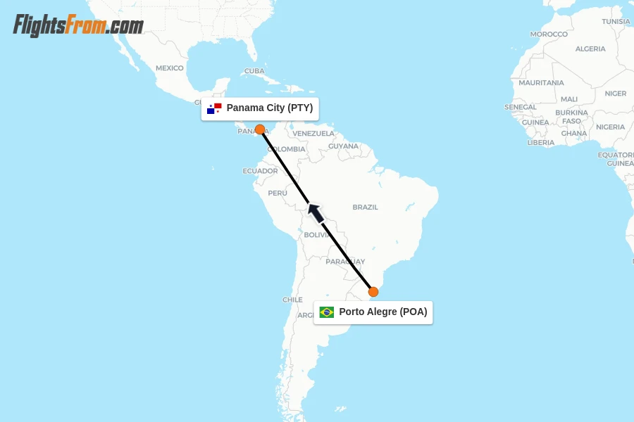 Flights from Porto Alegre to Panama City route map