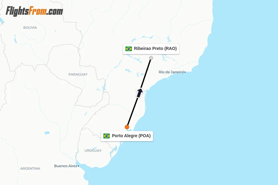 Flights from Porto Alegre to Ribeirao Preto route map