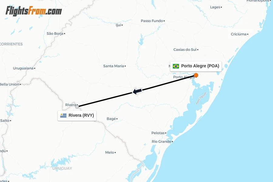 Flights from Porto Alegre to Rivera route map
