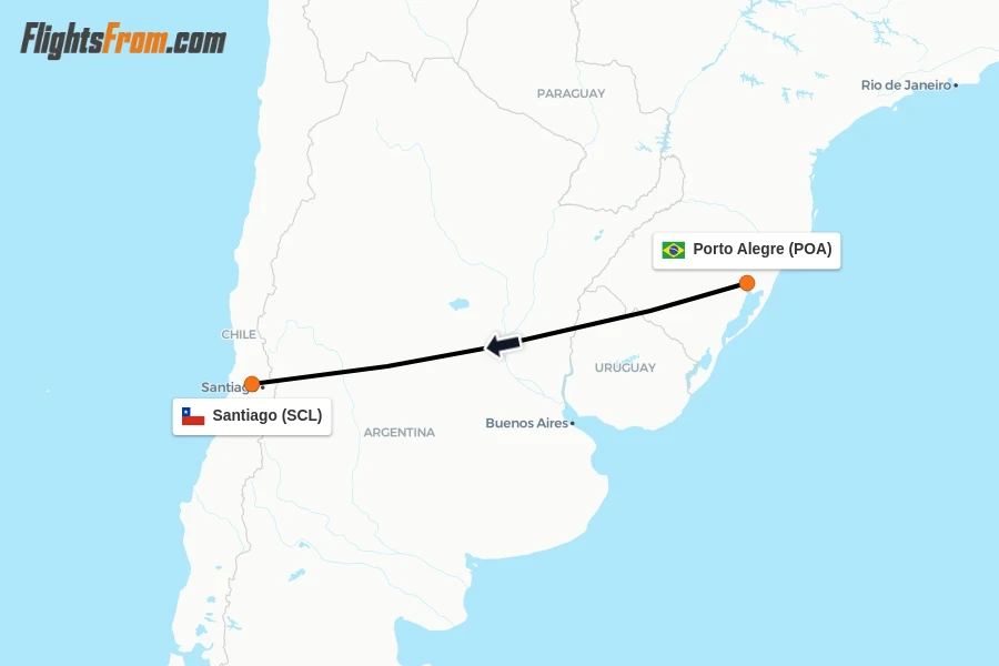 Flights from Porto Alegre to Santiago route map