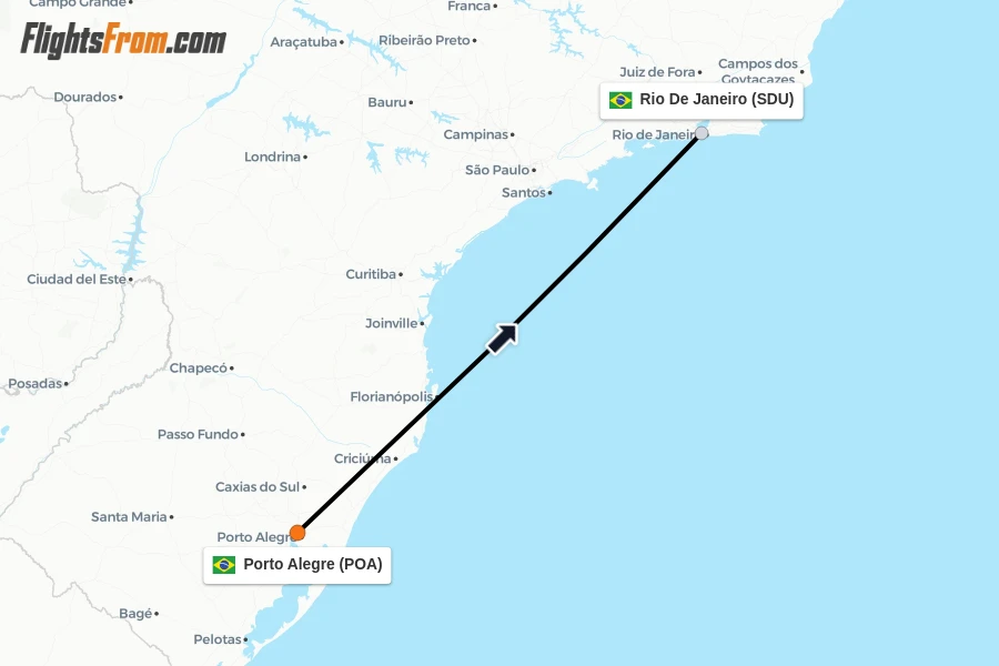 Flights from Porto Alegre to Rio De Janeiro route map