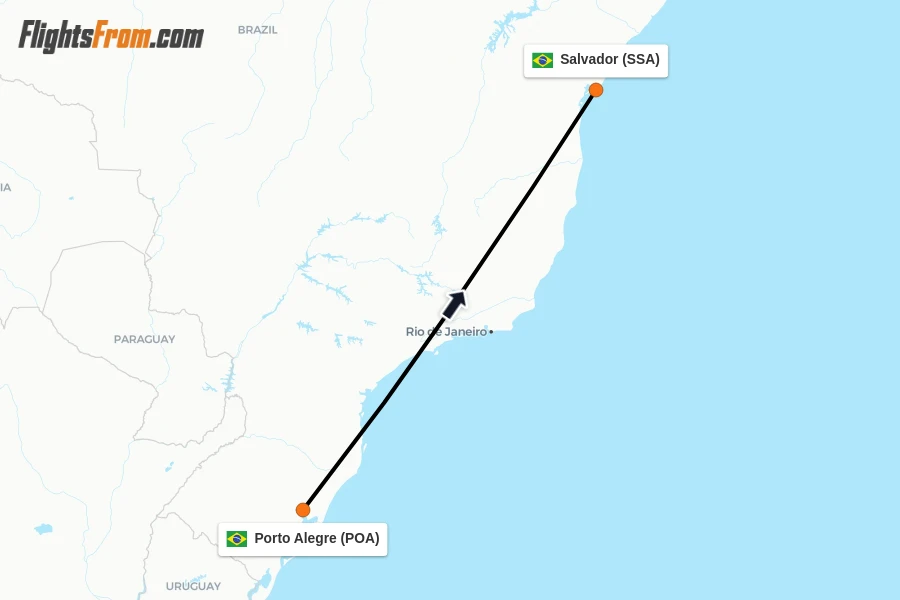 Flights from Porto Alegre to Salvador route map