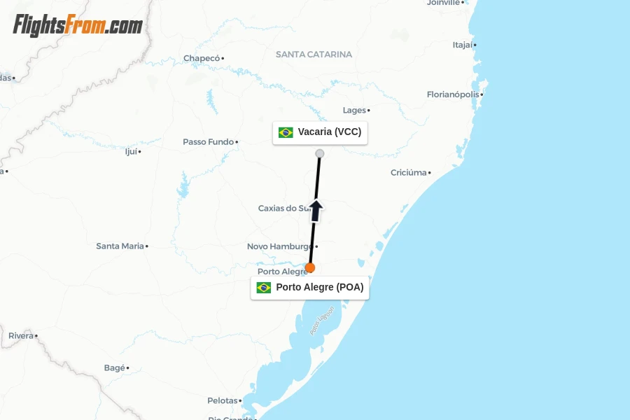 Flights from Porto Alegre to Vacaria route map
