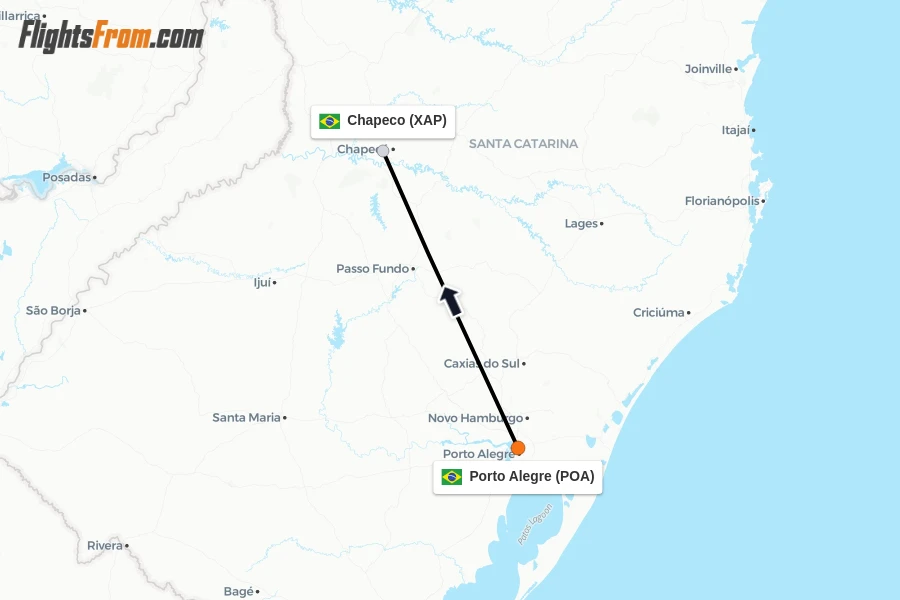 Flights from Porto Alegre to Chapeco route map