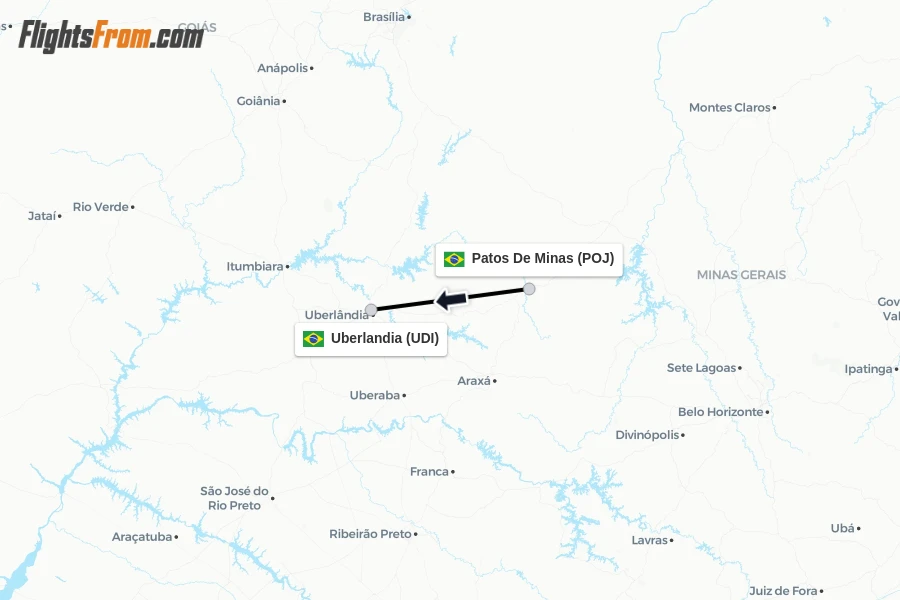 Flights from Patos De Minas to Uberlandia route map
