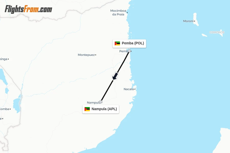 Flights from Pemba to Nampula route map