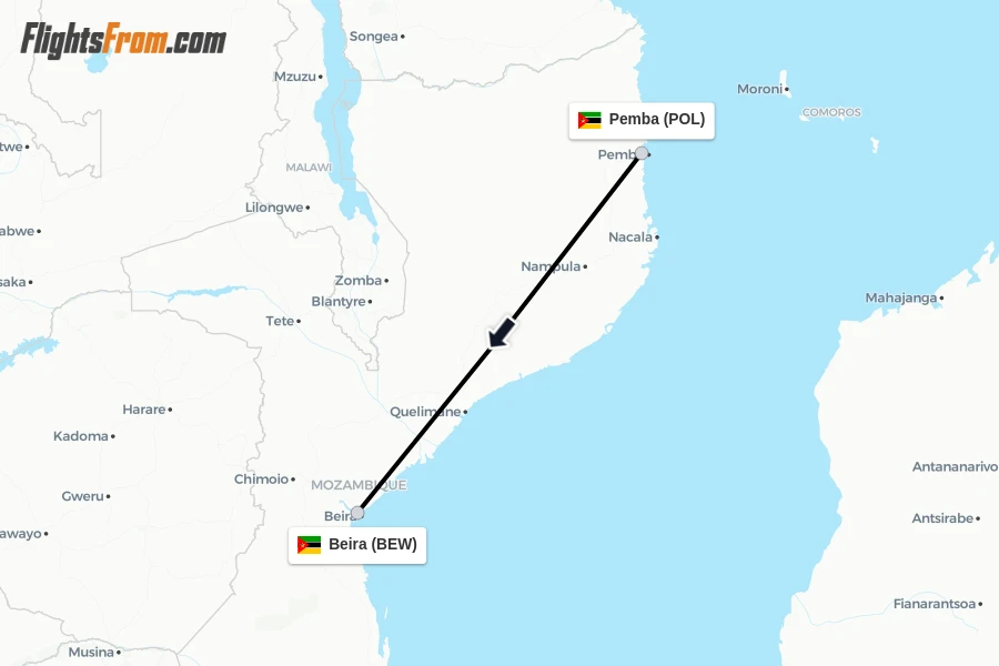 Flights from Pemba to Beira route map