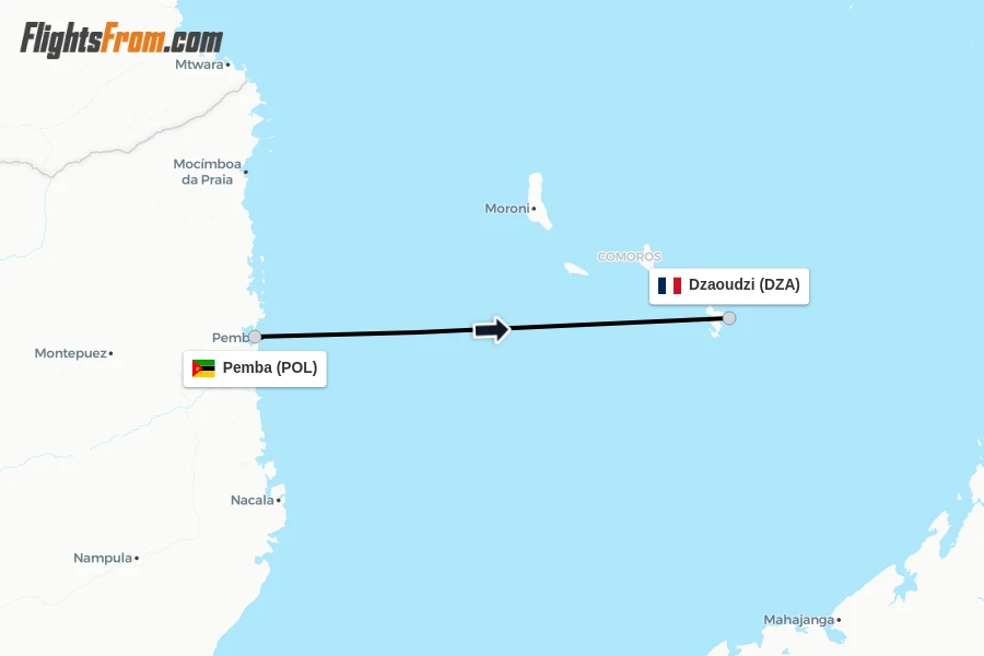 Flights from Pemba to Dzaoudzi route map