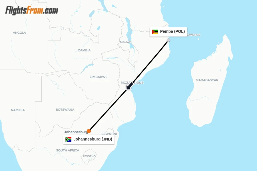 Flights from Pemba to Johannesburg route map