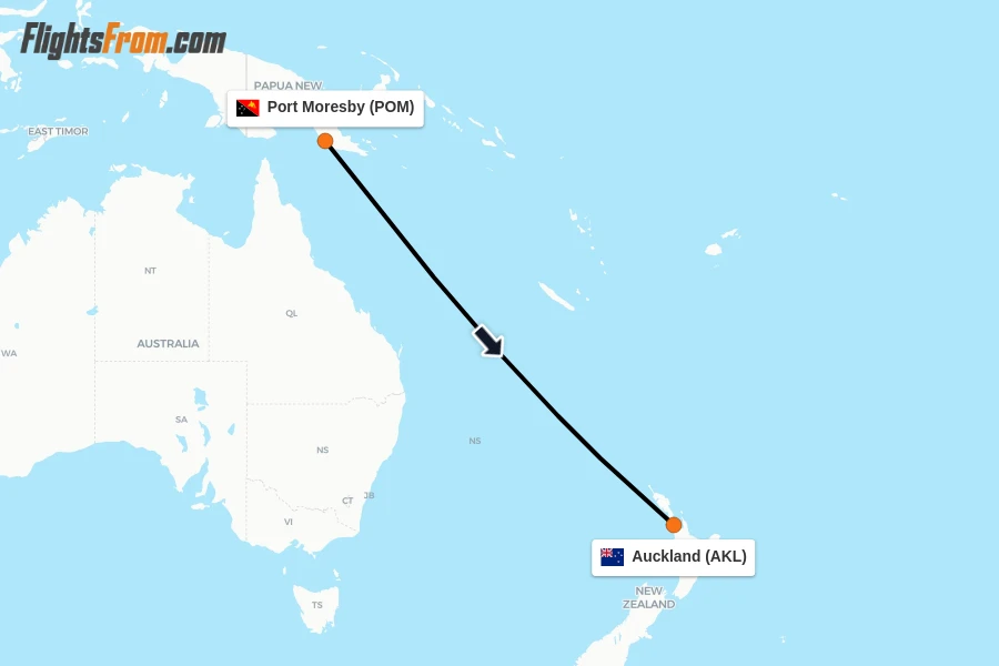 Flights from Port Moresby to Auckland route map