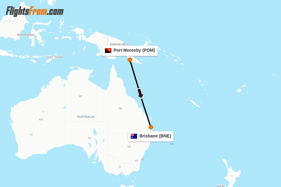 Flights from Port Moresby to Brisbane route map