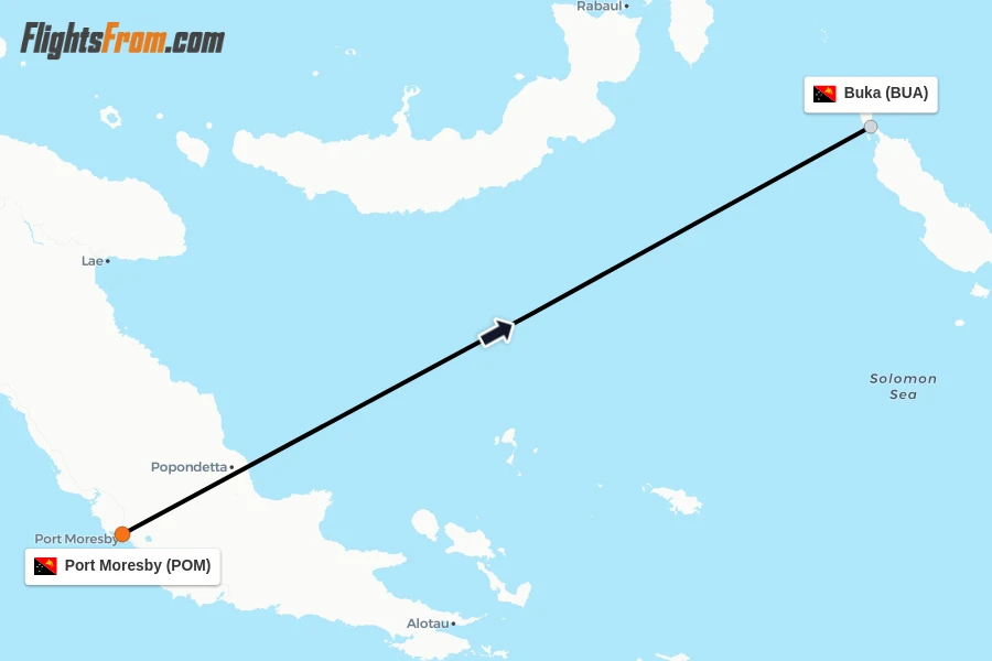Flights from Port Moresby to Buka route map