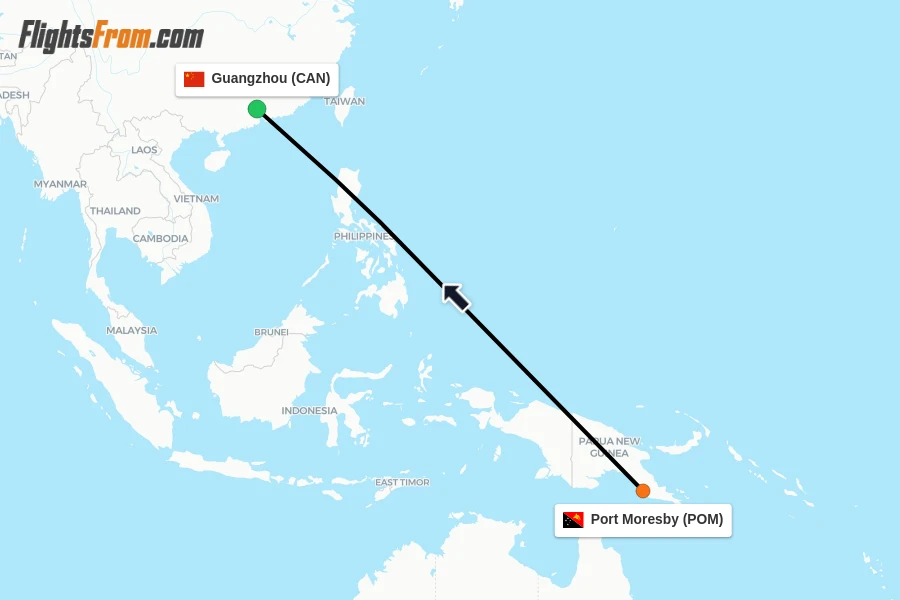Flights from Port Moresby to Guangzhou route map