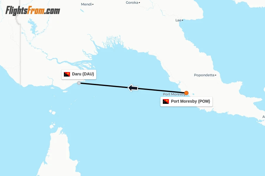 Flights from Port Moresby to Daru route map
