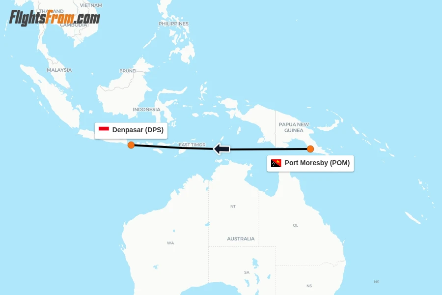 Flights from Port Moresby to Denpasar route map