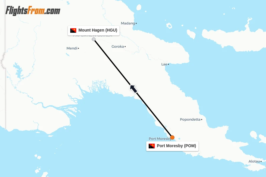 Flights from Port Moresby to Mount Hagen route map