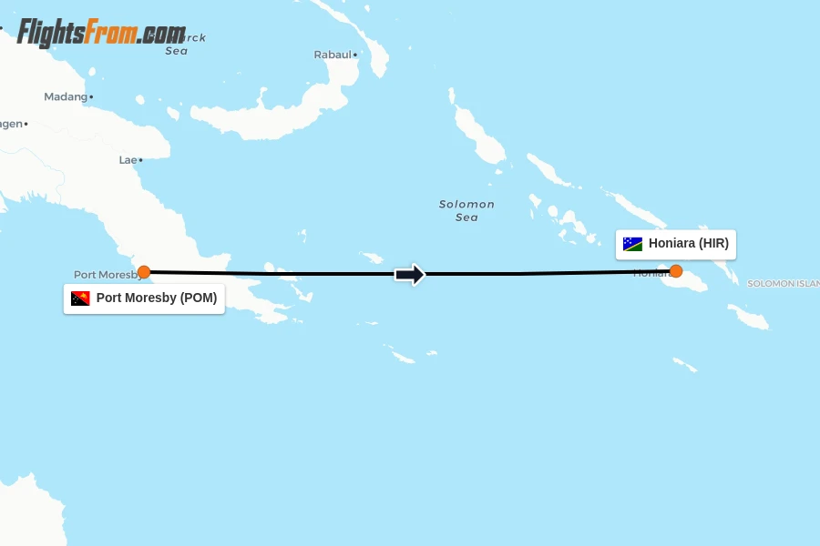 Flights from Port Moresby to Honiara route map