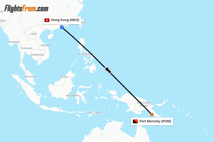 Flights from Port Moresby to Hong Kong route map