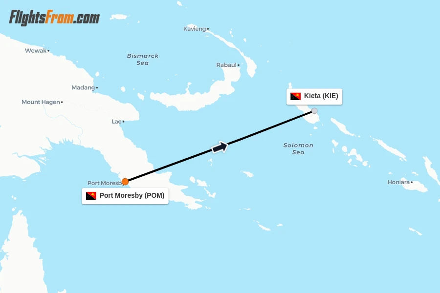 Flights from Port Moresby to Kieta route map