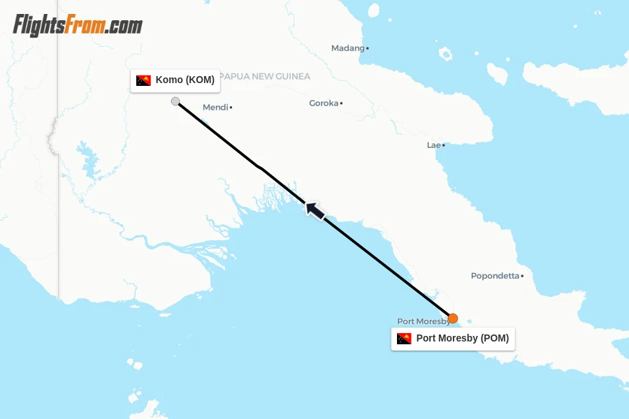 Flights from Port Moresby to Komo route map